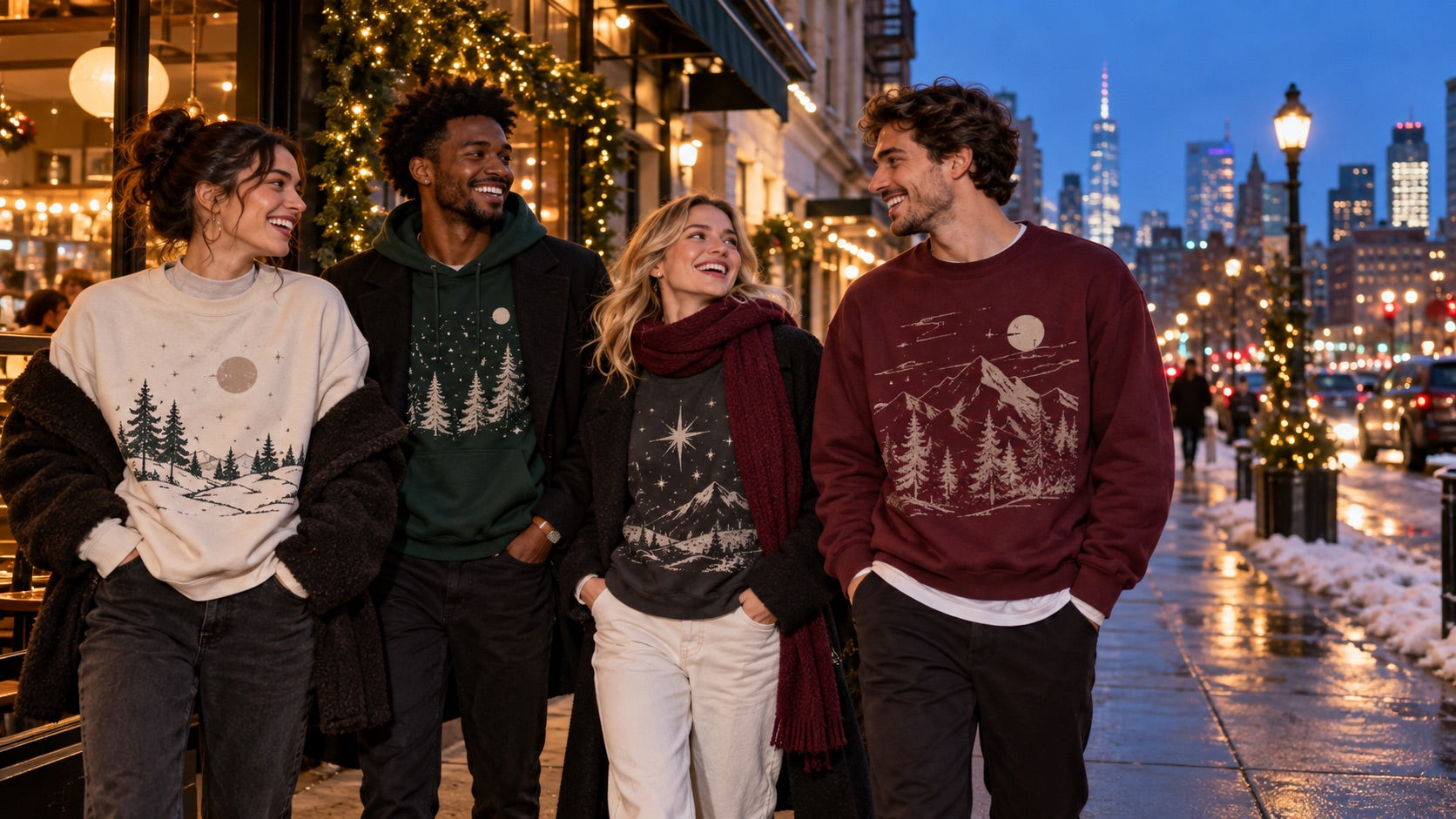 Friends wearing winter graphic sweatshirts and a hoodie