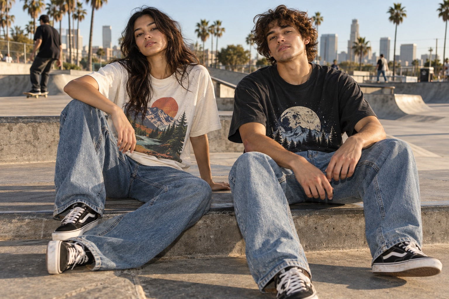 Two friends wearing oversized graphic T-shirts