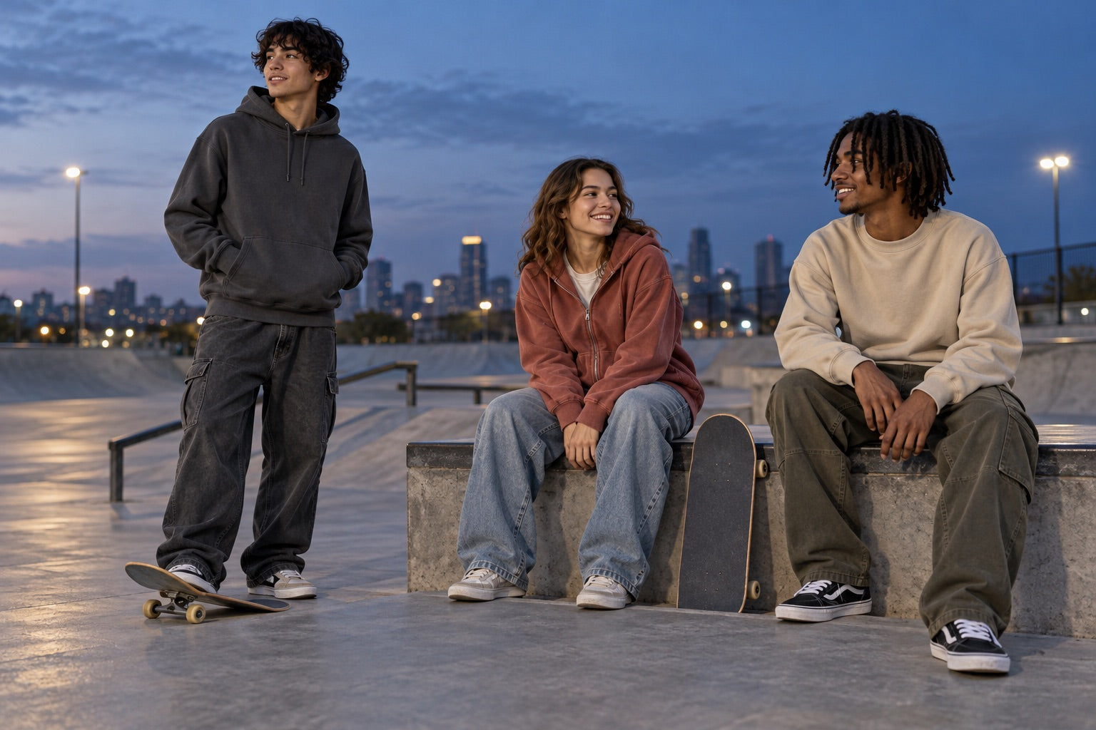 Friends wearing hoodies and a crewneck at a skatepark