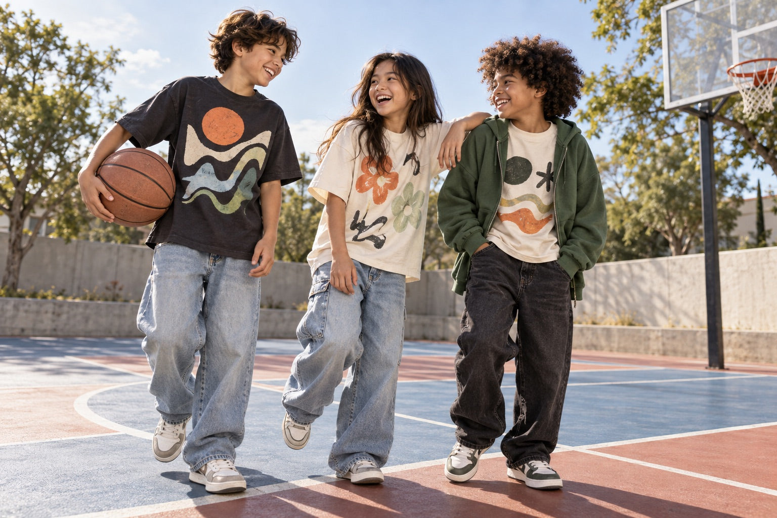 Kids wearing graphic tees on an outdoor basketball court