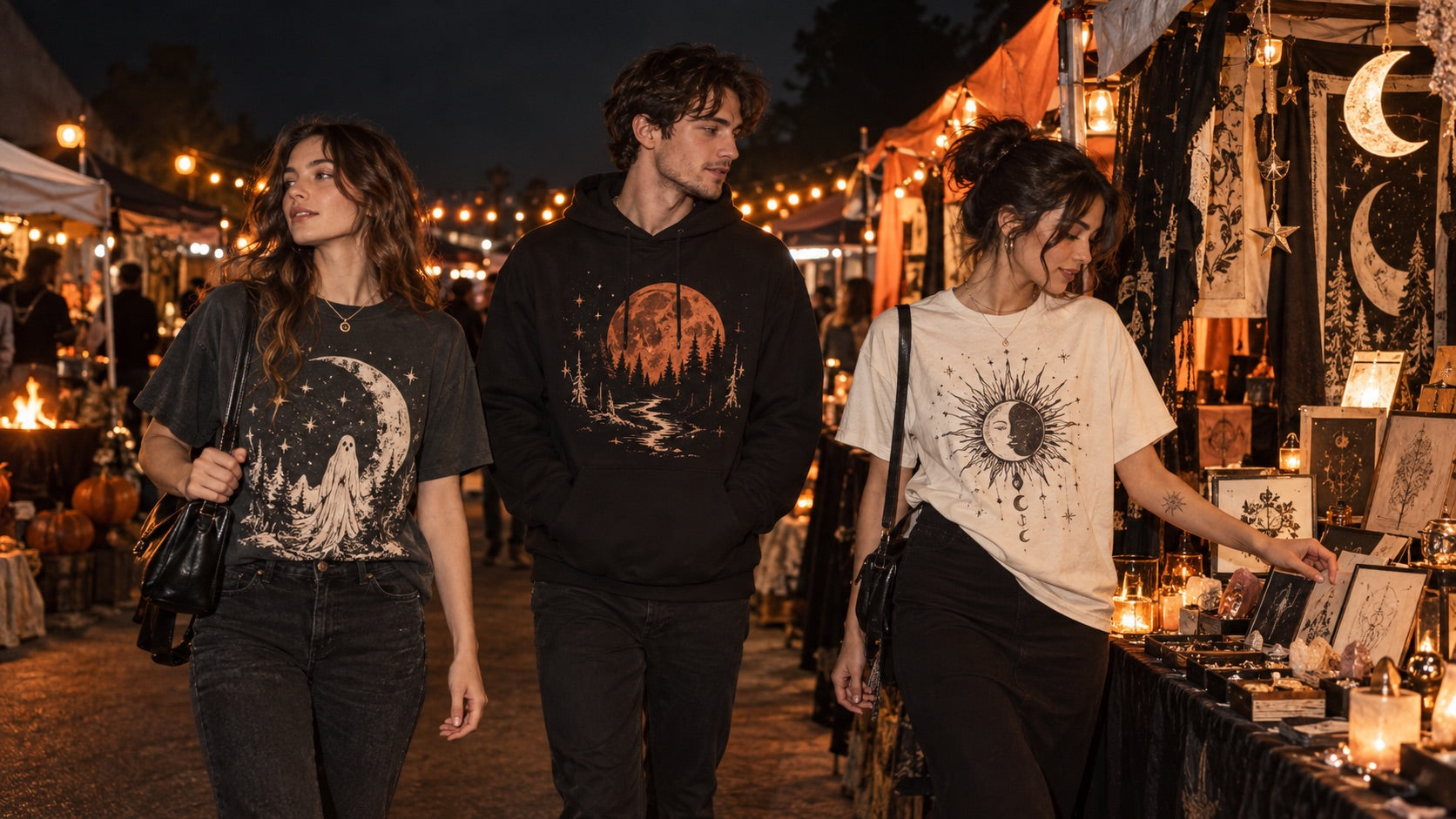 Halloween graphic tees and a black hoodie at a night market