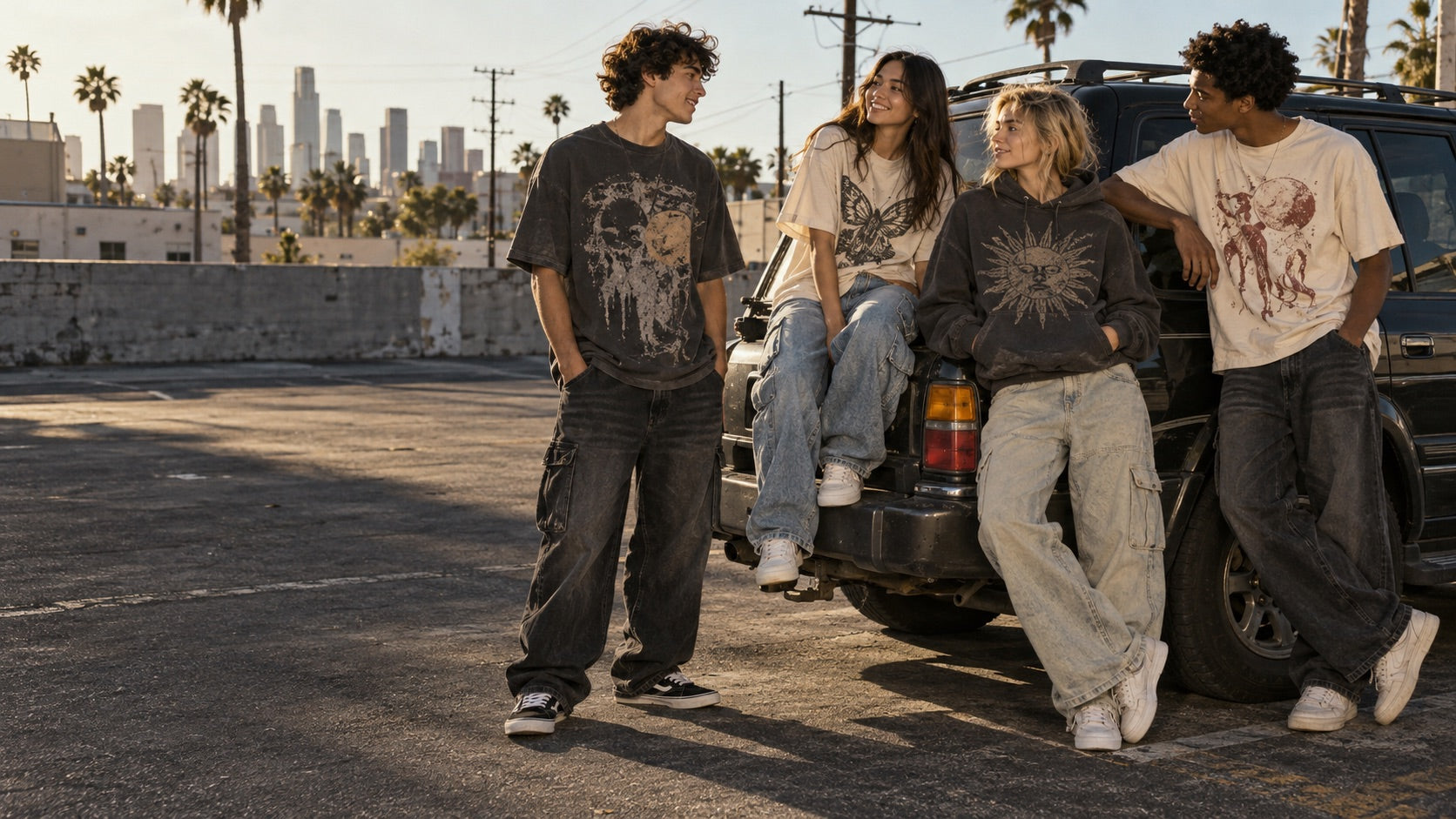 Friends wearing graphic tees and streetwear in a city parking lot